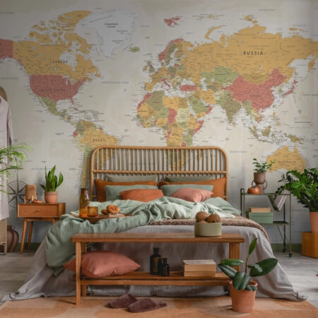 Αυτοκόλλητη Ταπετσαρία τοίχου GREEN RED ORANGE WORLD MAP - Χάρτες - Πόλεις