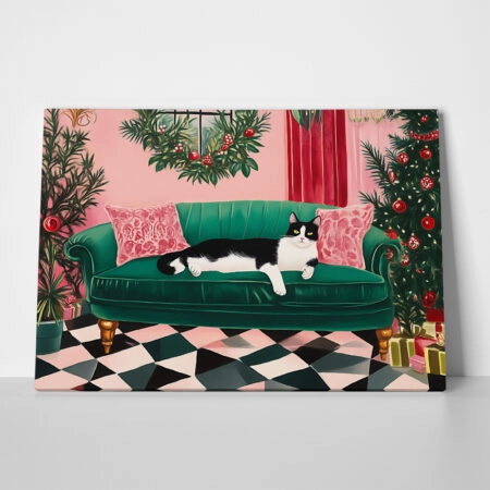 Πινακας σε καμβά PINK CHRISTMAS CAT SOFA - Χριστουγεννιάτικοι Πίνακες Sticky 1