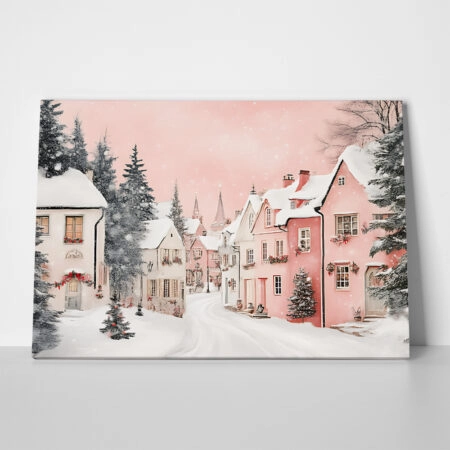 Πινακας σε καμβά PINK CHRISTMAS SNOWY ROOFS - Χριστουγεννιάτικοι Πίνακες Sticky 1