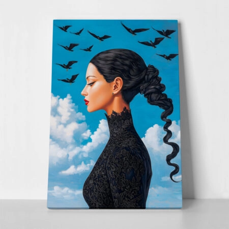 Πινακας σε καμβά BLACK HAIRED WOMAN WITH BIRDS RETRO DREAMSCAPE - Πινακες σε καμβα Sticky 1