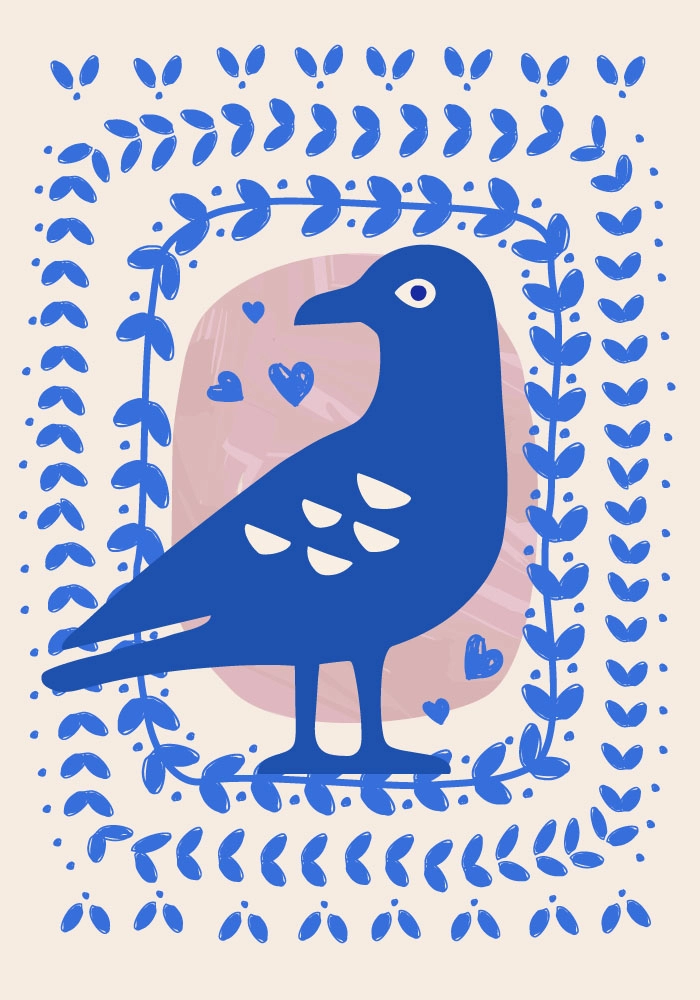 Πόστερ BLUE BIRD WITH LEAVES ILLUSTRATION