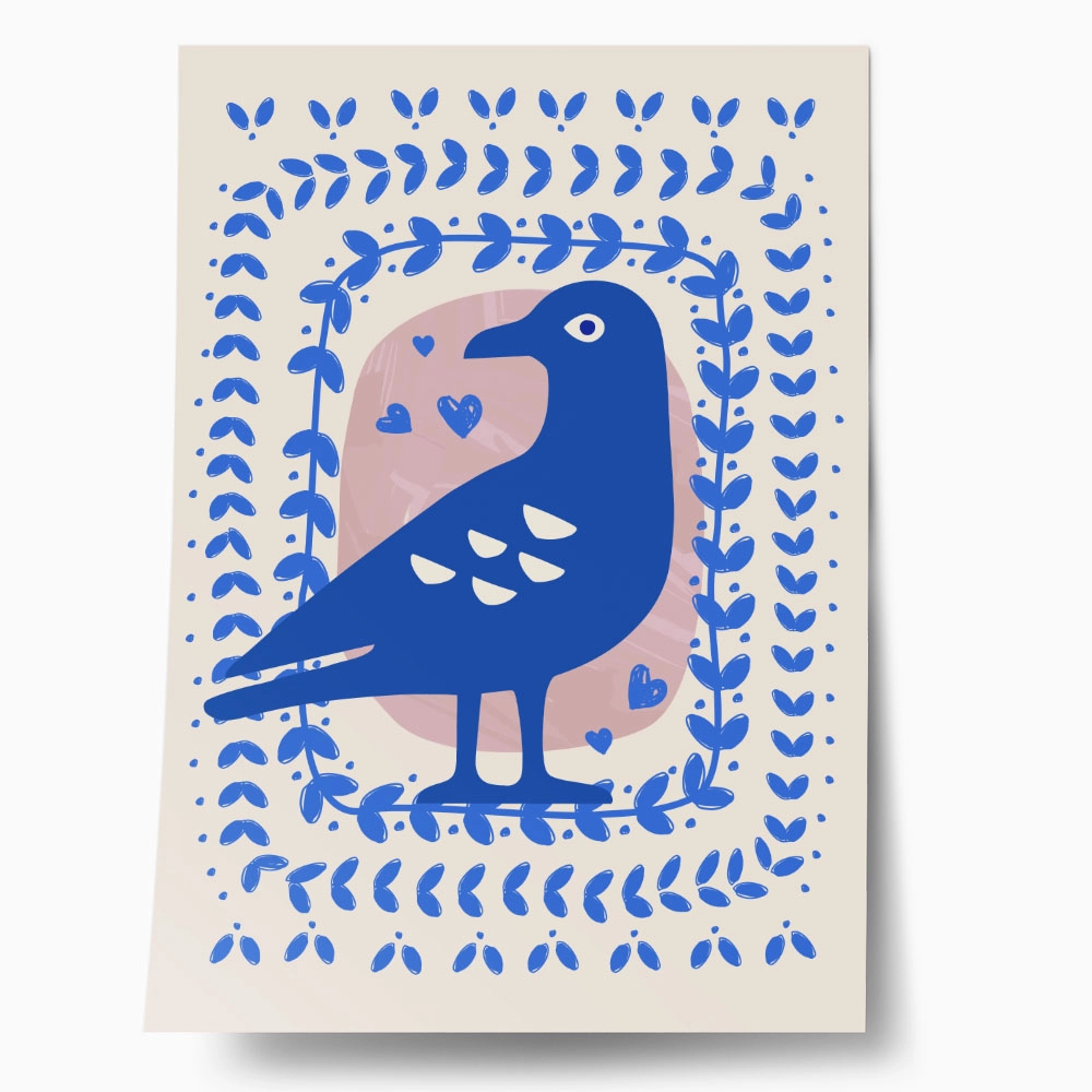 Πόστερ BLUE BIRD WITH LEAVES ILLUSTRATION