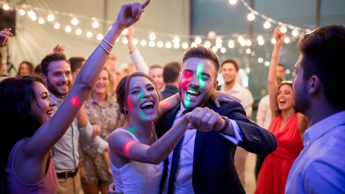 Νύφη, γαμπρός, και καλεσμένοι χορεύουν με μοντέρνα τραγούδια γάμου