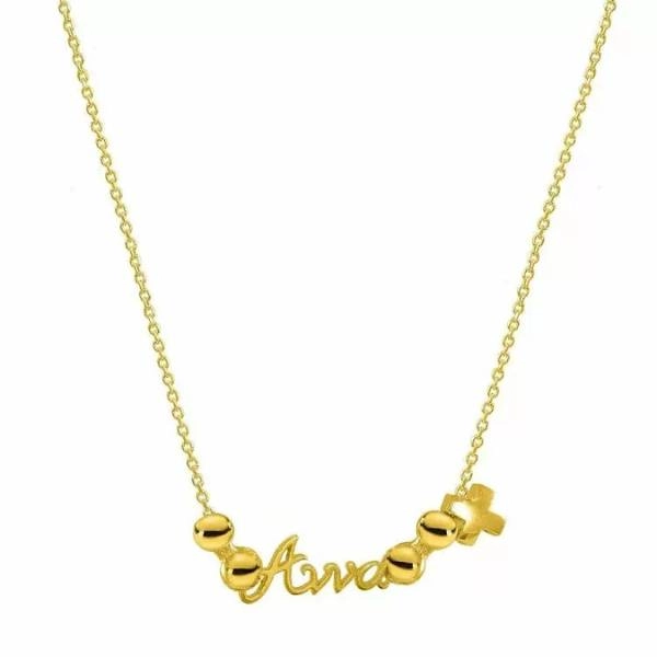 Επιχρυσωμένο κολιέ από ασήμι 925 με καλλιγραφικό όνομα, χρυσές μπίλιες και μικρό σταυρό σε λευκό φόντο.
        loading=