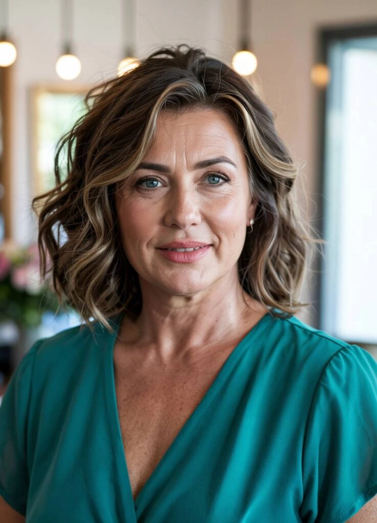 10+1 κομψά χτενίσματα γάμου για τη μητέρα της νύφης! 11 Μητέρα νύφης με κυματιστό καρέ και πράσινο φόρεμα