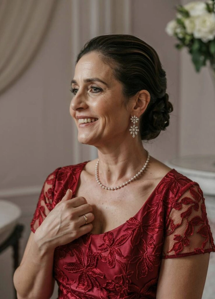 10+1 κομψά χτενίσματα γάμου για τη μητέρα της νύφης! 4 Χαρούμενη μητέρα νύφης με κόκκινο φόρεμα, και κλασσικό κότσο