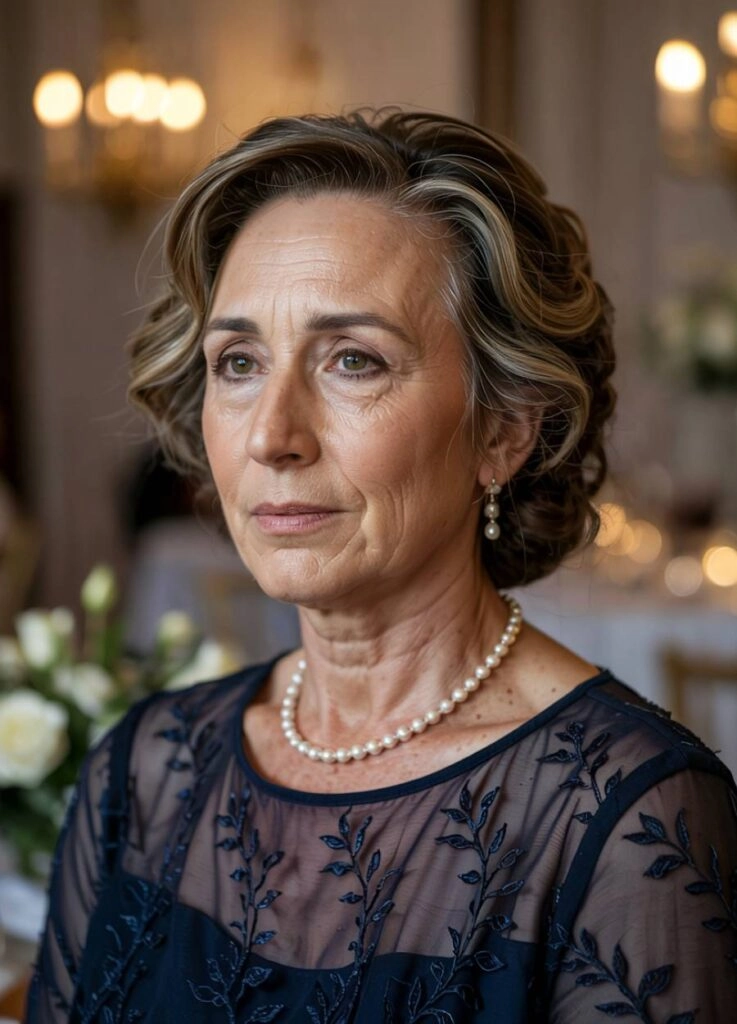 10+1 κομψά χτενίσματα γάμου για τη μητέρα της νύφης! 7 Συγκινημένη μητέρα νύφης, με σικ μπλέ φόρεμα, κοντά μαλλια, και πέρλες