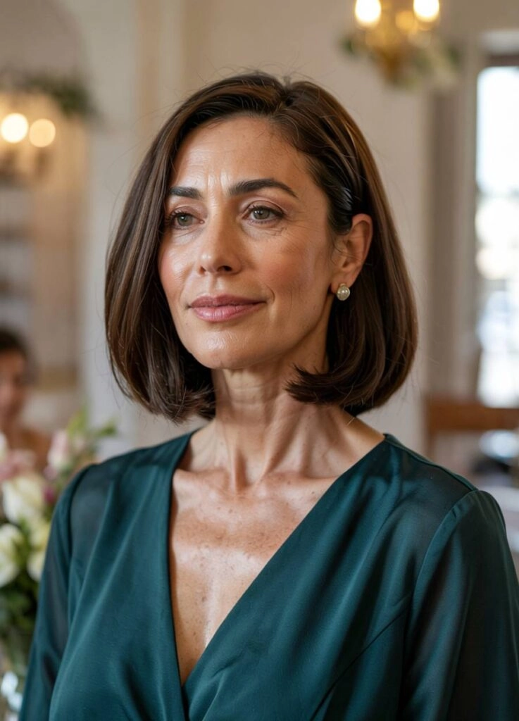 10+1 κομψά χτενίσματα γάμου για τη μητέρα της νύφης! 3 Κομψή μαμά νύφης με πράσινο φόρεμα και κομψό καρέ