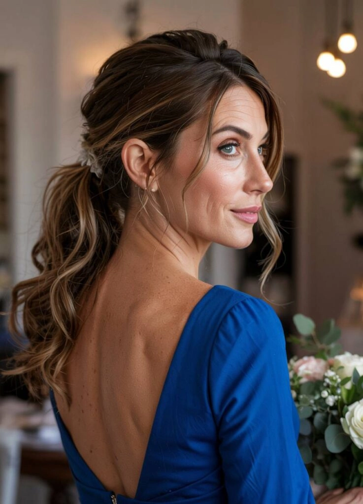 10+1 κομψά χτενίσματα γάμου για τη μητέρα της νύφης! 6 Μητέρα της νύφης με μπλέ φόρεμα με ανοιχτή πλάτη και χαμηλή αλογοουρά