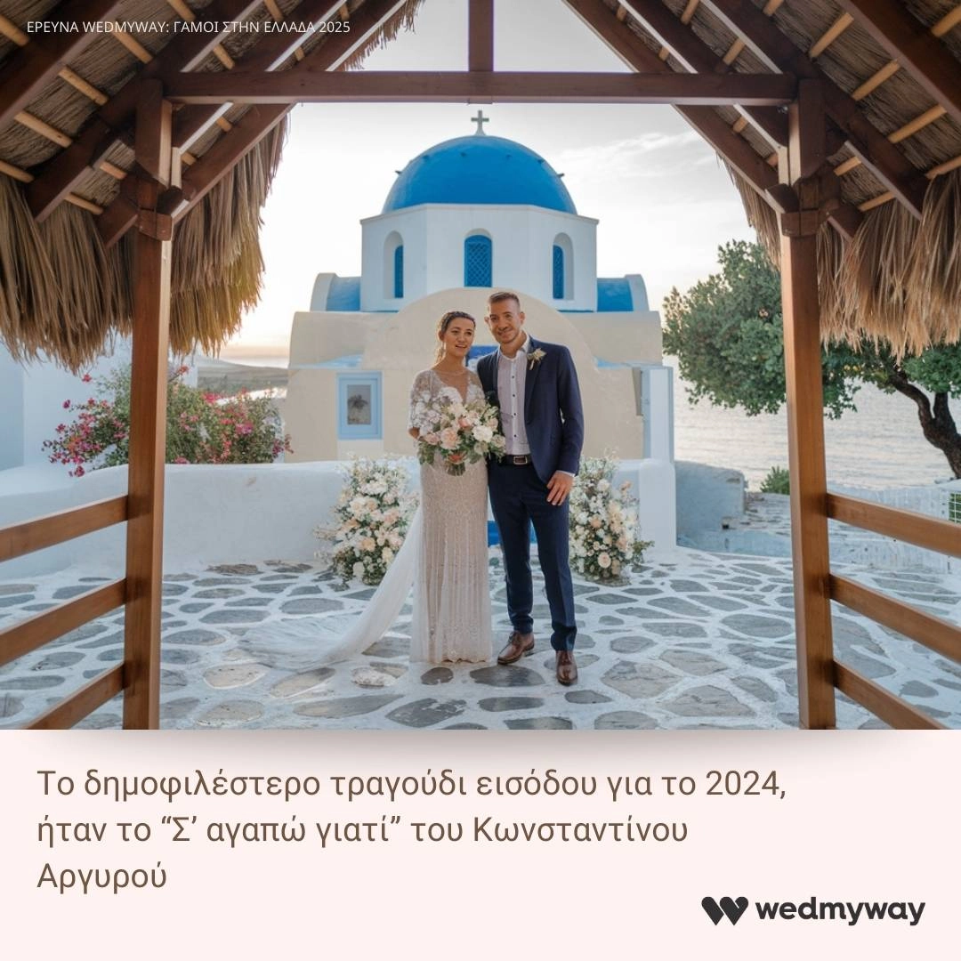 Οργάνωση γάμου: H απόλυτη λίστα για το 2025 (Δωρεάν PDF) 17 Ρομαντική φωτογραφία γάμου με ζευγάρι να ποζάρει μπροστά σε εκκλησία με μπλε θόλο και θέα τη θάλασσα.