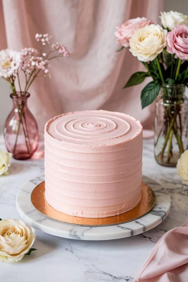 Απλή τούρτα με βελούδινη υφή σε pastel ροζ, πάνω σε λευκό μαρμάρινο τραπέζι.