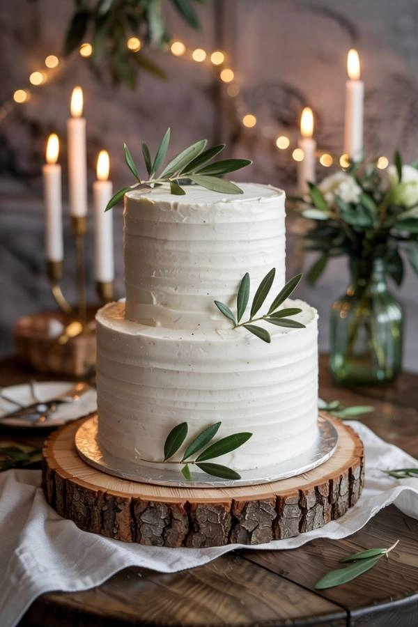 Λευκή απλή τούρτα διακόσμηση με minimal φύλλα ελιάς, με φόντο rustic ξύλινο τραπέζι.