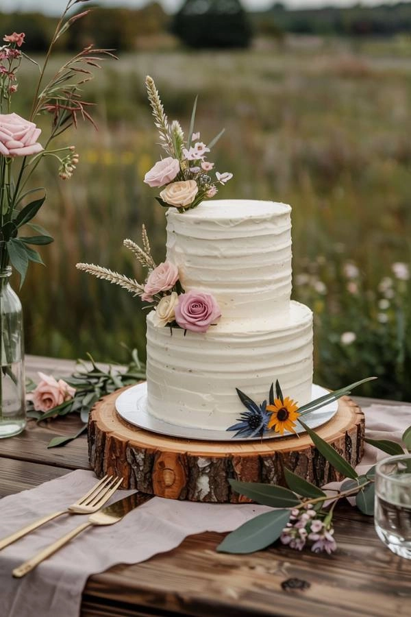 Boho τούρτα γάμου με άγρια λουλούδια σε ξύλινο τραπέζι και natural φως