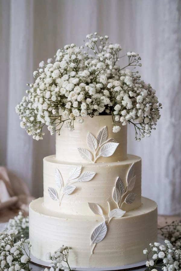 Elegant τούρτα γάμου με μία μεγάλη ανθοδέσμη από baby’s breath σε minimal ύφος