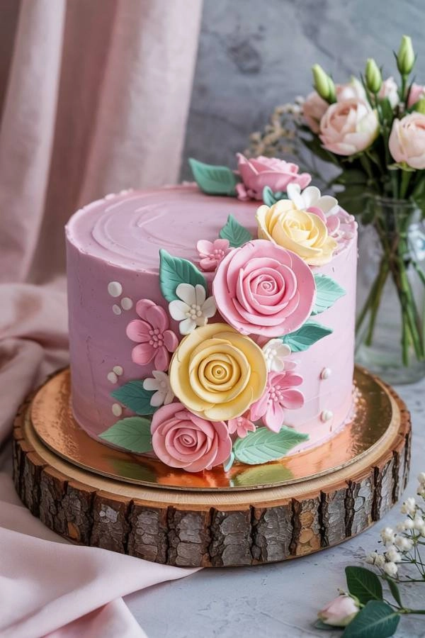 Floral τούρτα με ζαχαρόπαστα διακόσμημένη σε pastel τόνους σε φόντο ρομαντικό και φωτεινό