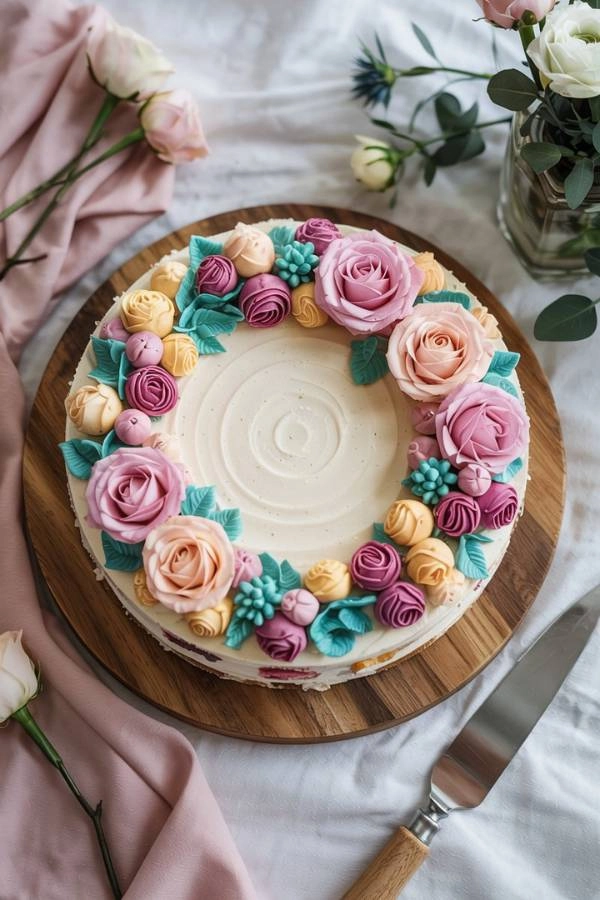 Γαμήλια τούρτα με floral wreath διακόσμηση σε pastel γήινα χρώματα.