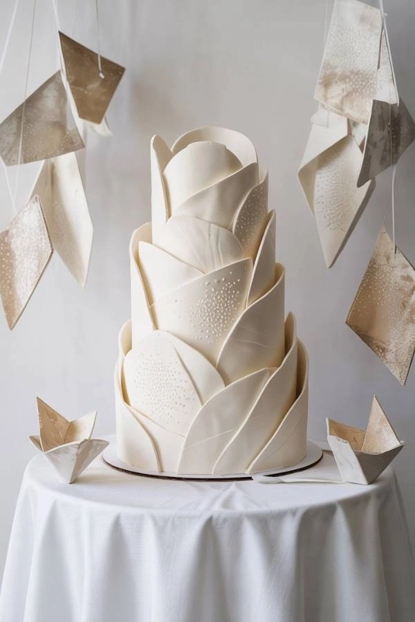 Γλυπτή τούρτα γάμου με γεωμετρικά σχέδια από ζαχαρόπαστα, σε white-on-white setting.