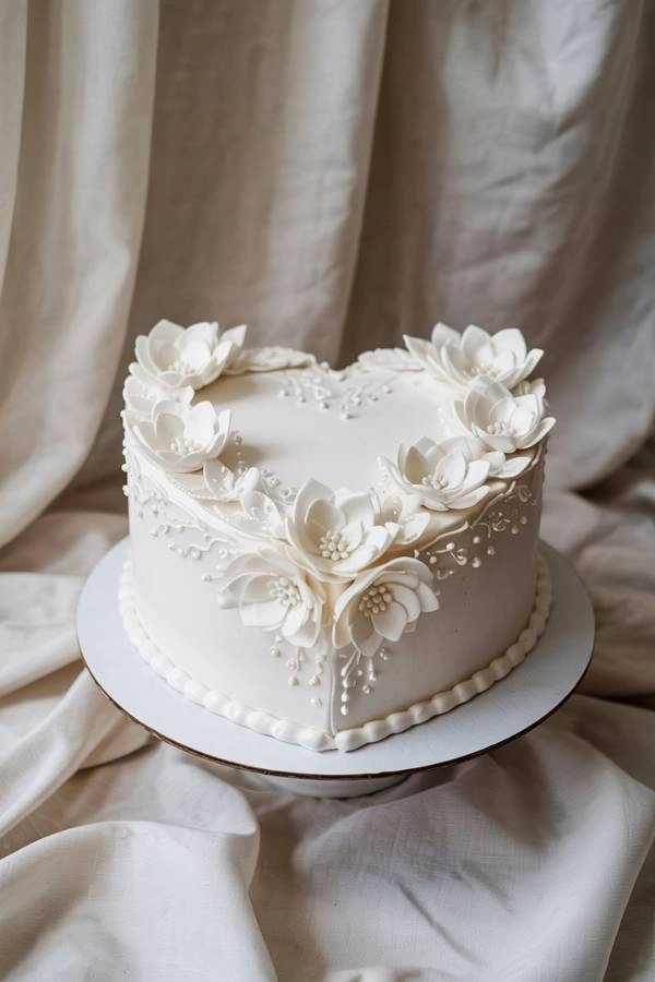Λευκή τούρτα γάμου σε σχήμα καρδιάς με λευκά λουλούδια