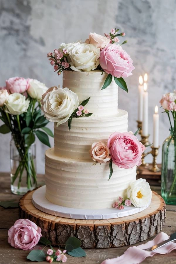 Λευκή τούρτα γάμου με cascading φρέσκα λουλούδια