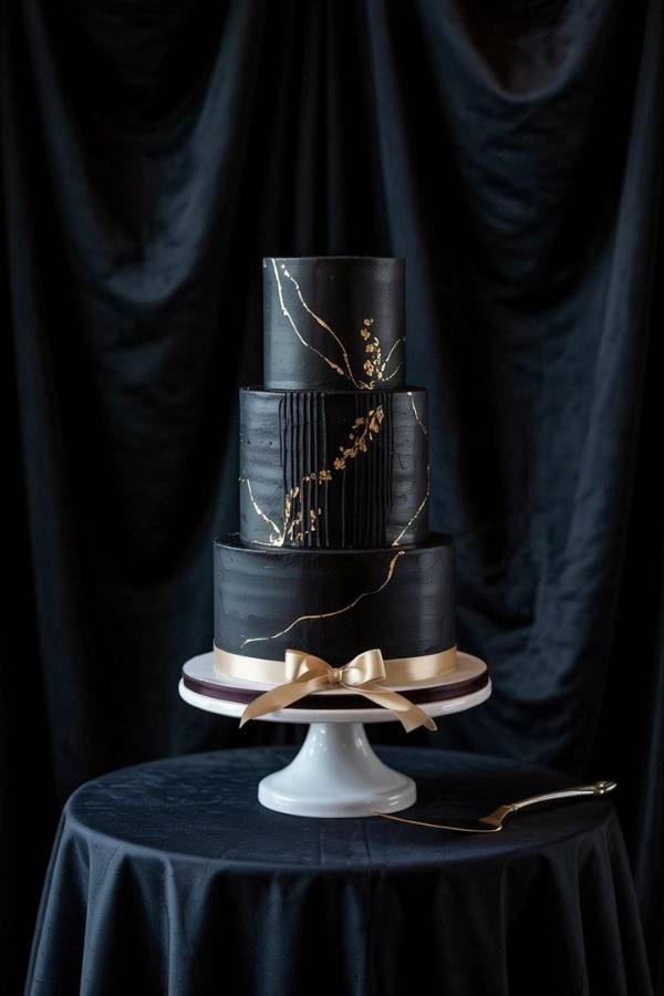 Μαύρη elegant γαμήλια τούρτα με χρυσές πινελιές, σε φόντο μαύρο βελούδο