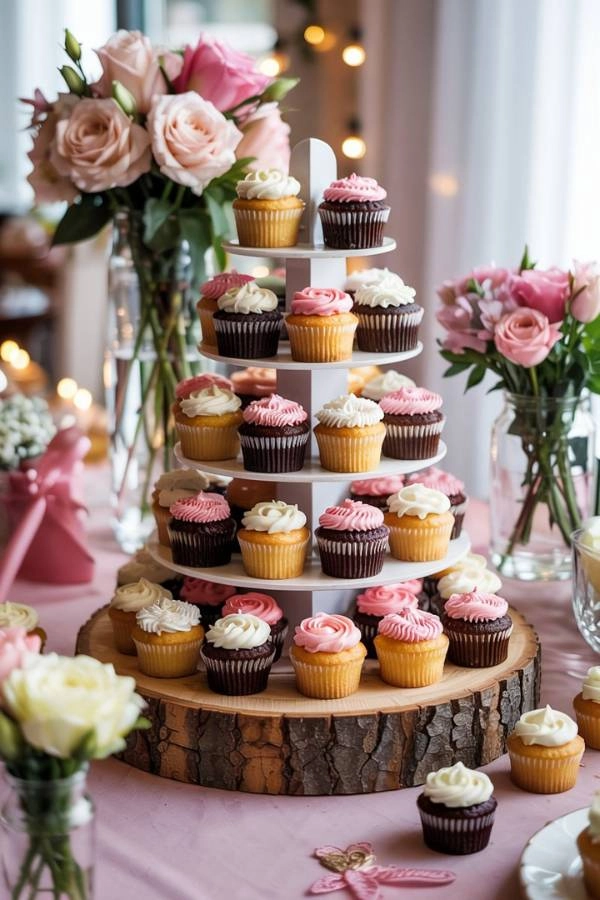 Πύργος από mini cupcakes με floral frosting σε φωτεινό ρομαντικό φόντο