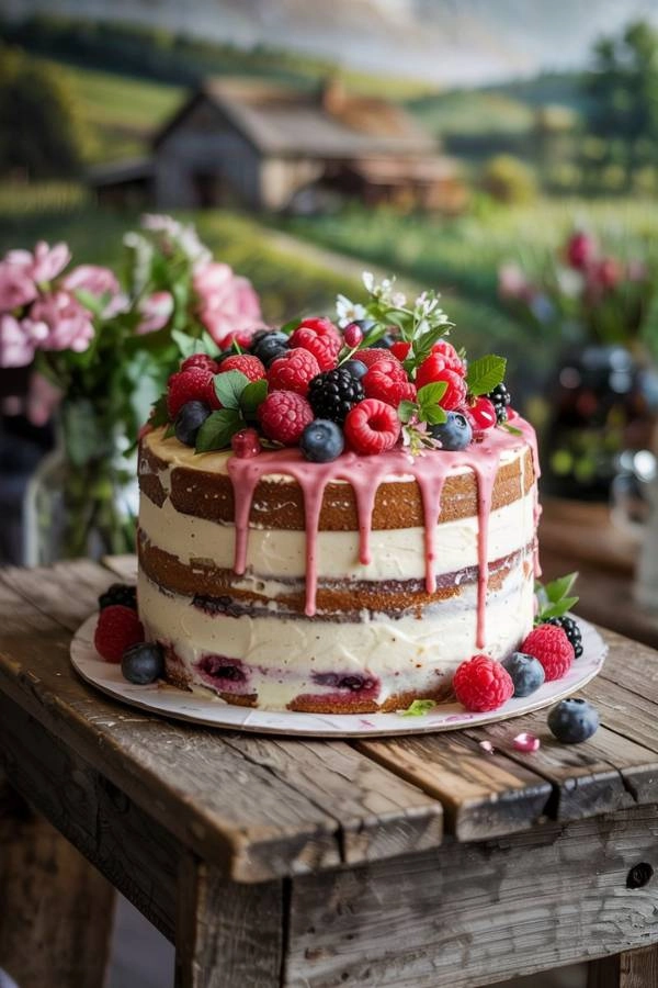 Naked cake με berries και σταγόνες από βουτυρόκρεμα σε εξοχικό φόντο