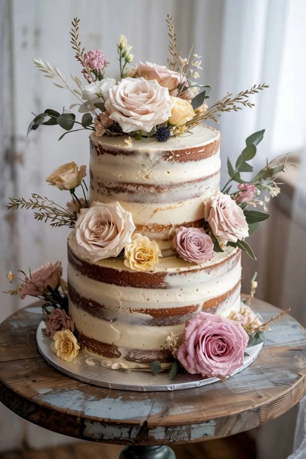 Naked cake style με αποξηραμένα ρομαντικά λουλούδια πάνω σε vintage τραπέζι