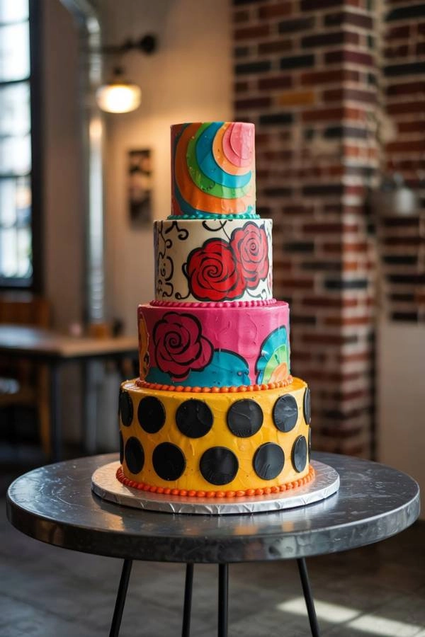 Πολύχρωμη τούρτα γάμου, με διαφορετικό σχέδιο σε κάθε πάτωμα και pop art στυλ, σε urban industrial φόντο