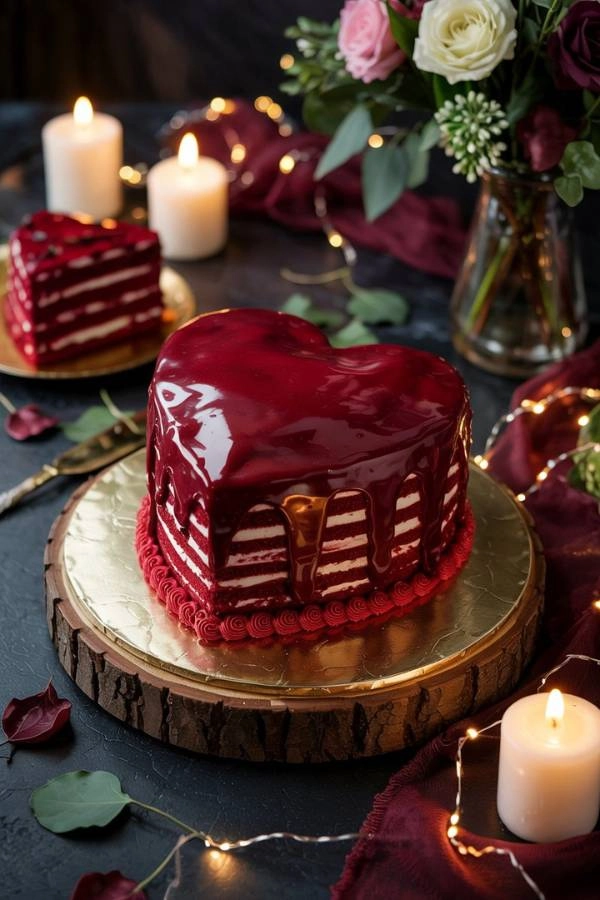 Red velvet καρδιά τούρτα γάμου με γυαλιστερό glaze, σε κόκκινο βελούδινο φόντο