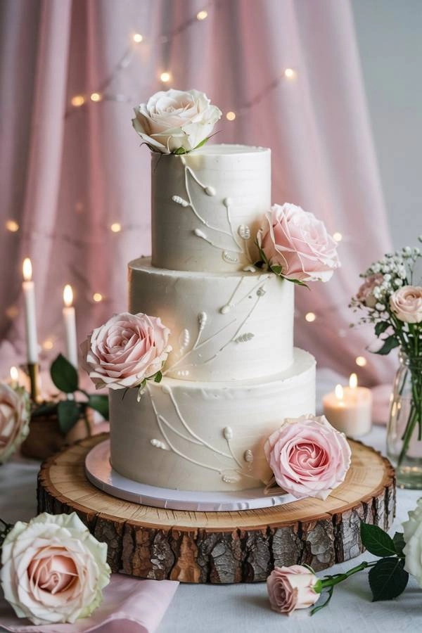 Λευκή τούρτα γάμου με λεπτομέρειες από baby pink τριαντάφυλλα