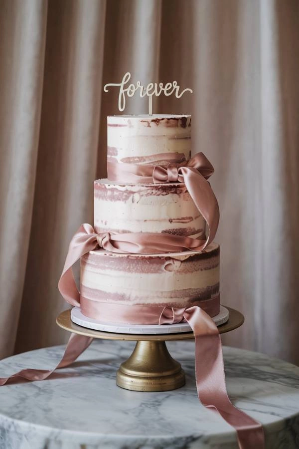 Ρομαντική τούρτα γάμου σε αποχρώσεις dusty rose με σατέν κορδέλες, και elegant minimal background.