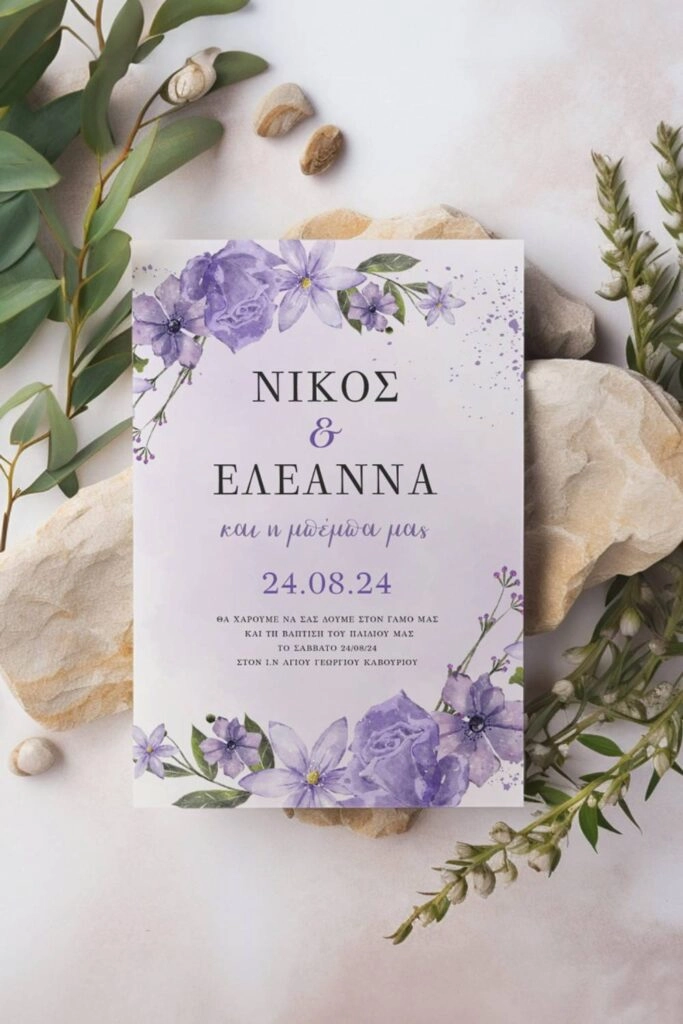 Ρομαντικό Προσκλητήριο γάμου & βάπτισης με λουολούδια σε μωβ χρώμα