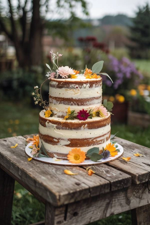 Τούρτα με αποξηραμένα λουλούδια και ελαφριά πρασινάδα σε outdoor φόντο.