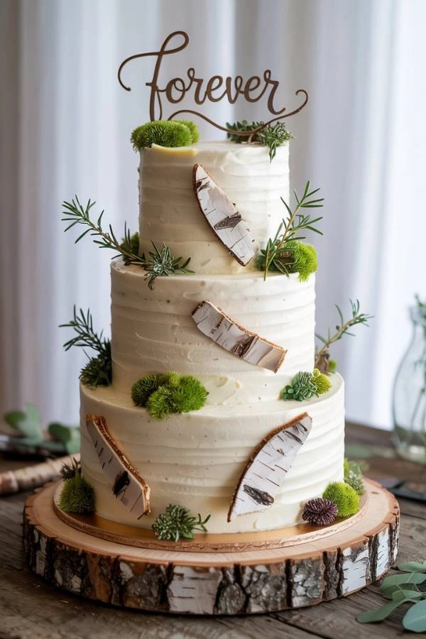 Τούρτα γάμου εμπνευσμένη από άγρια φύση, moss deco και ξύλινες λεπτομέρειες.