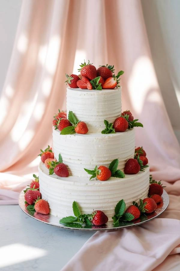 Λευκή τούρτα γάμου με φρέσκιες φράουλες και φύλλα μέντας