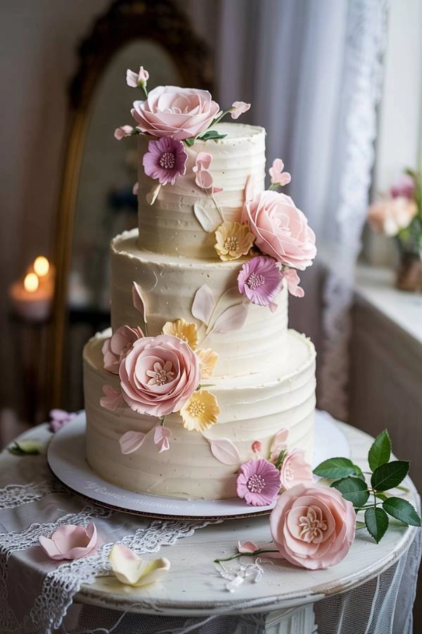 Τούρτα γάμου με λουλούδια σε pastel χρώματα και λευκό vintage τραπέζι