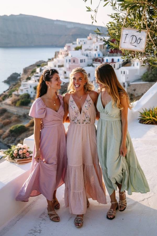Γάμος σε νησί: Οργάνωση, έξοδα, ξωκλήσια, τι να φορέσω! 9 Τρεις χαρούμενες καλεσμένες με αέρινα φορέματα σε ροζ, μπεζ και πράσινη απόχρωση ποζάρουν με θέα ένα παραδοσιακό ελληνικό νησιώτικο χωριό, ιδανικό στυλ για γάμο σε νησί.