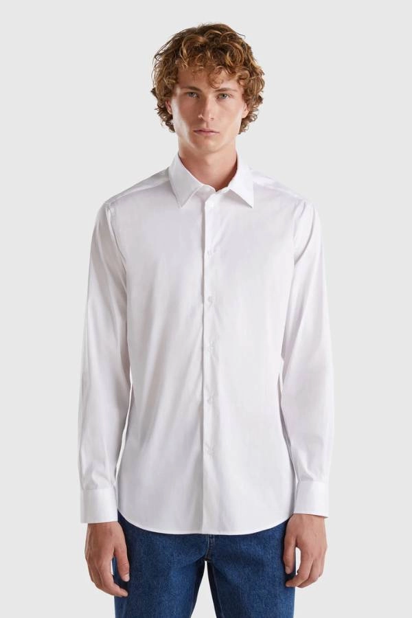Benetton Ανδρικό Πουκάμισο Slim Fit Λευκό