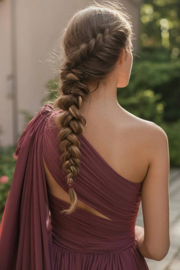 11 Χτενίσματα για κουμπάρα που θα κλέψουν την παράσταση 16 Πίσω όψη ενός κομψού χτενίσματος κουμπάρας: Πλαϊνή πλεξούδα που πέφτει στον ώμο, αναδεικνύοντας το σχέδιο της πλέξης.