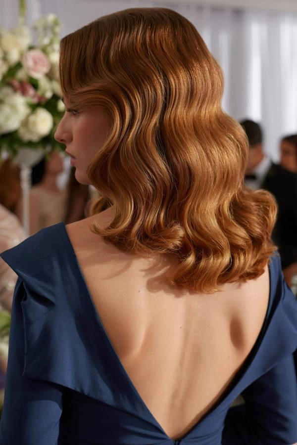 11 Χτενίσματα για κουμπάρα που θα κλέψουν την παράσταση 6 Κομψό χτένισμα κουμπάρας: Πίσω όψη με καλοσχηματισμένες κλασικές Hollywood waves σε μεσαίου μήκους μαλλιά.