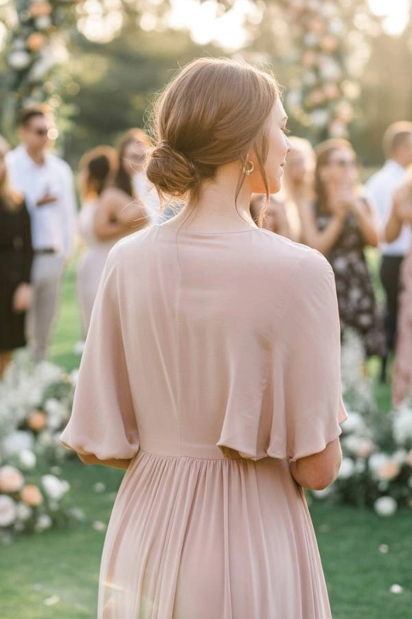 11 Χτενίσματα για κουμπάρα που θα κλέψουν την παράσταση 8 Ρομαντικό χτένισμα με χαμηλό κότσο και ανέμελες τούφες, ιδανικό για boho κουμπάρα. Πίσω μέρος