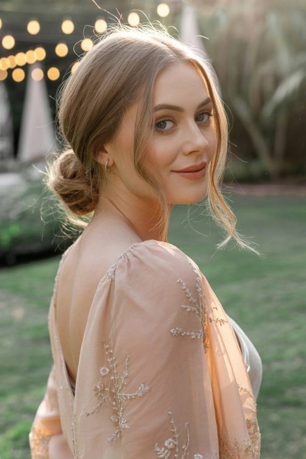 11 Χτενίσματα για κουμπάρα που θα κλέψουν την παράσταση 7 Ρομαντικό χτένισμα με χαμηλό κότσο και ανέμελες τούφες, ιδανικό για boho κουμπάρα.