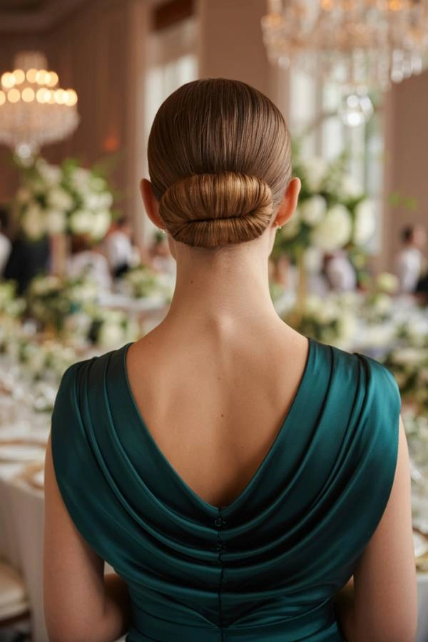 11 Χτενίσματα για κουμπάρα που θα κλέψουν την παράσταση 4 Κομψή κουμπάρα με χαμηλό sleek κότσο και σατέν φόρεμα, σε καλοκαιρινό γάμο.. Πίσω μέρος