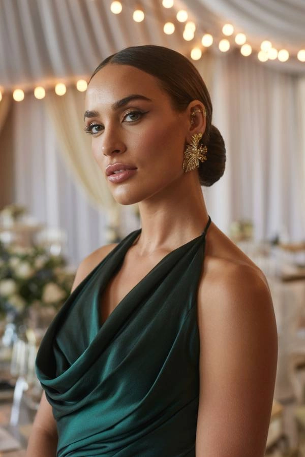 11 Χτενίσματα για κουμπάρα που θα κλέψουν την παράσταση 3 Κομψή κουμπάρα με χαμηλό sleek κότσο και σατέν φόρεμα, σε καλοκαιρινό γάμο.