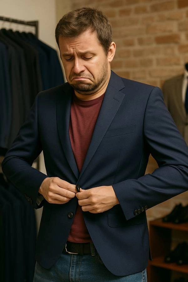 Τα Don’ts του γάμου που κάθε γαμπρός πρέπει να αποφύγει! 5 Άνδρας με απογοητευμένη έκφραση δοκιμάζει επίσημο κοστούμι για τον γάμο του μέσα σε κατάστημα με ανδρικά ρούχα.