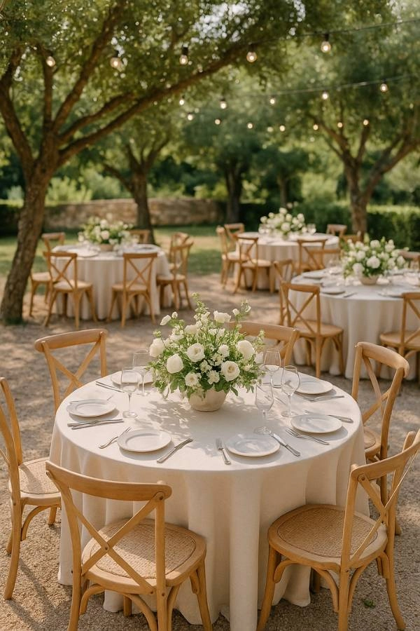 Γάμος 2025: 10+ τάσεις που θα λατρέψουν οι μέλλουσες νύφες 5 Υπαίθριο τραπέζι δεξίωσης γάμου με λευκά λινά, ξύλινες καρέκλες και λουλούδια σε φυσικούς τόνους σε πράσινο περιβάλλον