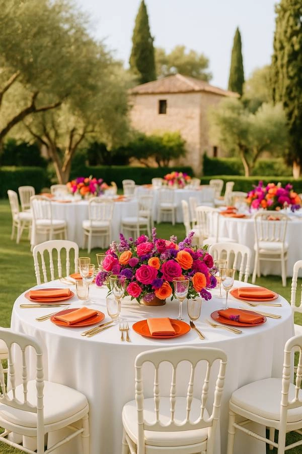 Γάμος 2025: 10+ τάσεις που θα λατρέψουν οι μέλλουσες νύφες 11 Τραπέζια γάμου με ροτόντες, έντονα λουλούδια σε φούξια και πορτοκαλί, και λευκές καρέκλες τύπου Chiavari σε καταπράσινο κτήμα