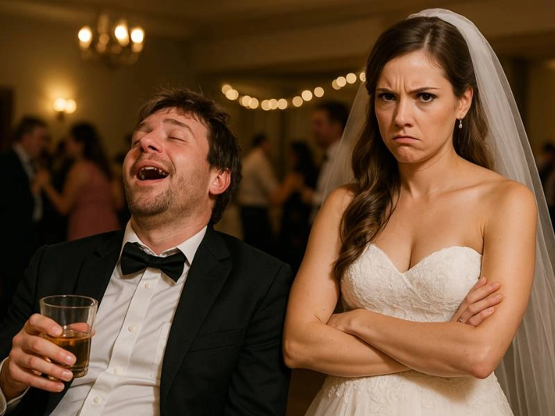Τα Don’ts του γάμου που κάθε γαμπρός πρέπει να αποφύγει! 6 Γαμπρός εμφανώς μεθυσμένος γελάει με ποτό στο χέρι, ενώ η νύφη δείχνει εξοργισμένη στη δεξίωση του γάμου.