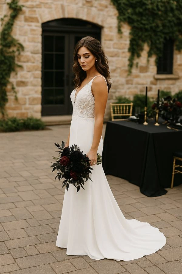 Γάμος 2025: 10+ τάσεις που θα λατρέψουν οι μέλλουσες νύφες 8 Νύφη ποζάρει σε κτήμα με πέτρινο φόντο και μαύρη διακόσμηση στο τραπέζι, κρατώντας σκούρα μπορντό και μαύρα λουλούδια