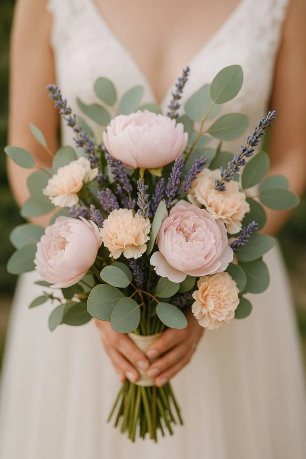Γάμος 2025: 10+ τάσεις που θα λατρέψουν οι μέλλουσες νύφες 9 Κοντινή φωτογραφία νυφικής ανθοδέσμης με ροζ παιώνιες, γαρύφαλλα, λεβάντα και ευκάλυπτο σε παστέλ τόνους